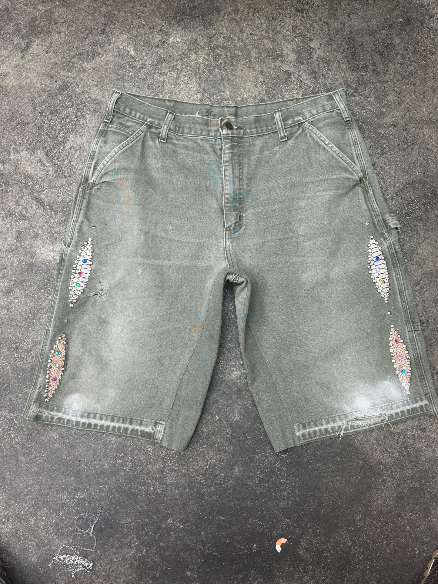Vintage Sage Green Embellished Denim Carpenter Shorts