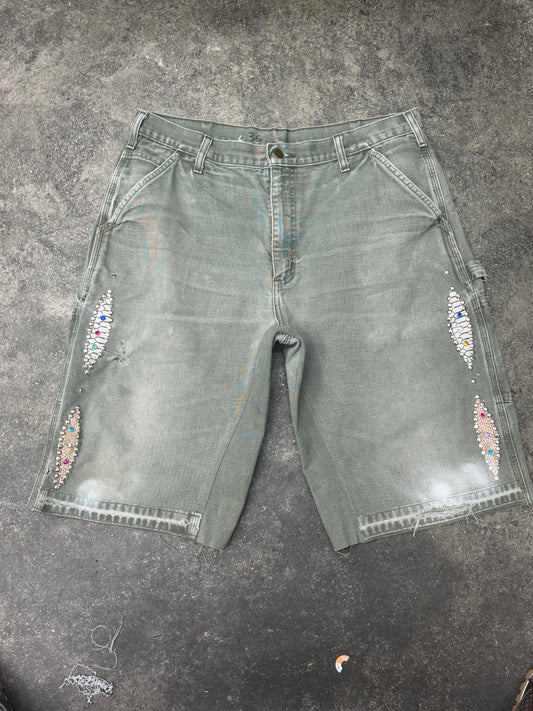 Vintage Sage Green Embellished Denim Carpenter Shorts