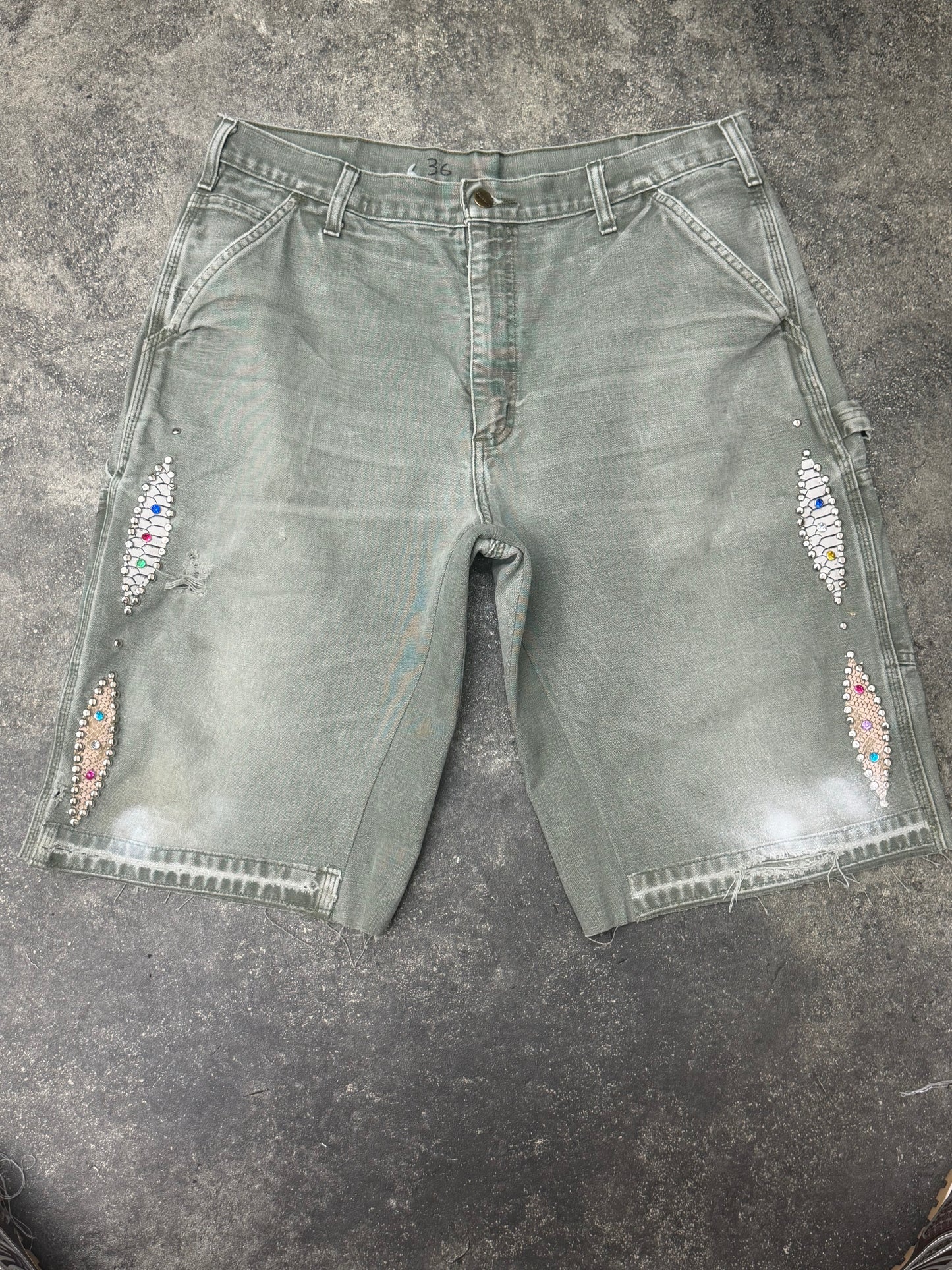 Vintage Sage Green Embellished Denim Carpenter Shorts