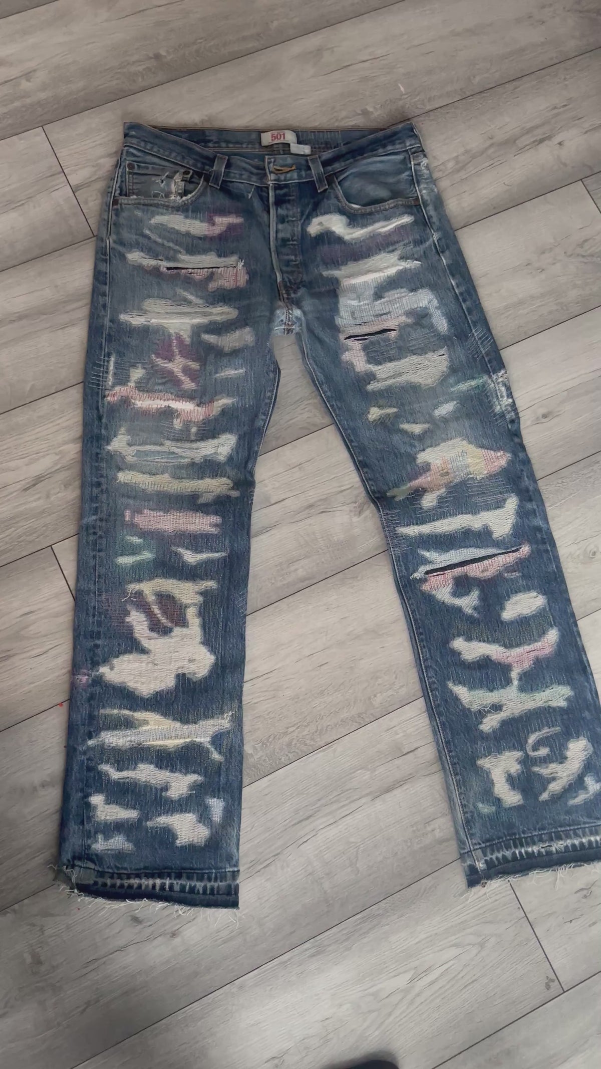 Blue Patchwork Denim Straight Jeans